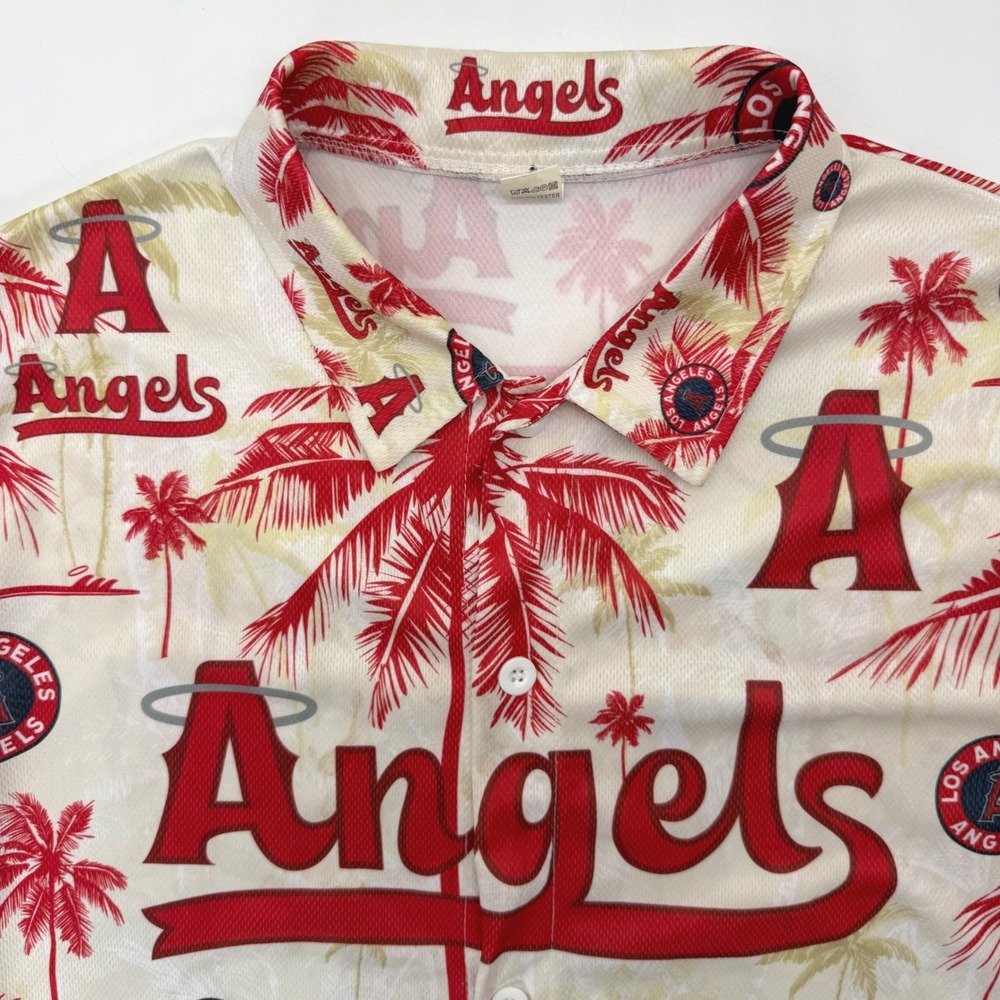 MLB Button Up Men XL Cream Los Angeles Angels Palm Tree Mesh Baseball Shirt